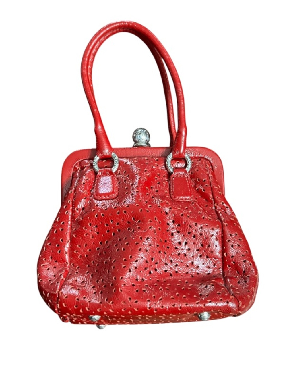 Brighton Red Perforated Leather Kiss Lock Satchel Bag Vintage Y2K